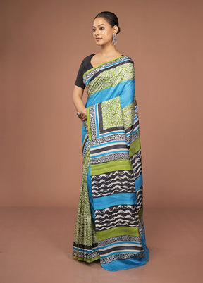 Blue Printed Pure Silk Saree Without Blouse Piece