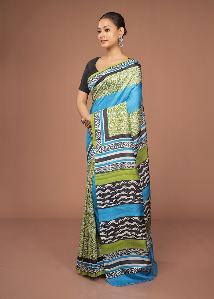 Blue Printed Pure Silk Saree Without Blouse Piece