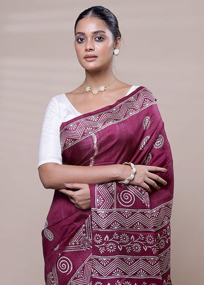 Maroon Printed Pure Silk Saree Without Blouse Piece