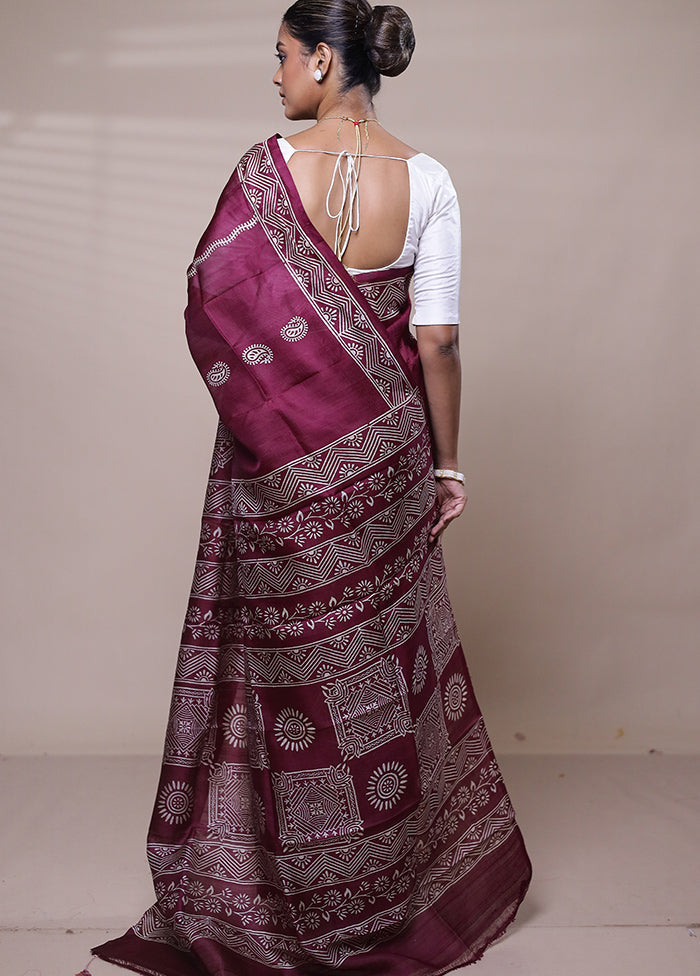 Maroon Printed Pure Silk Saree Without Blouse Piece