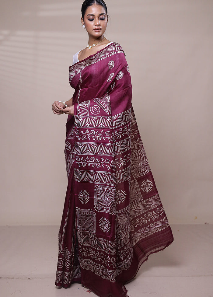 Maroon Printed Pure Silk Saree Without Blouse Piece