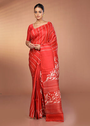 Red Printed Pure Silk Saree With Blouse Piece