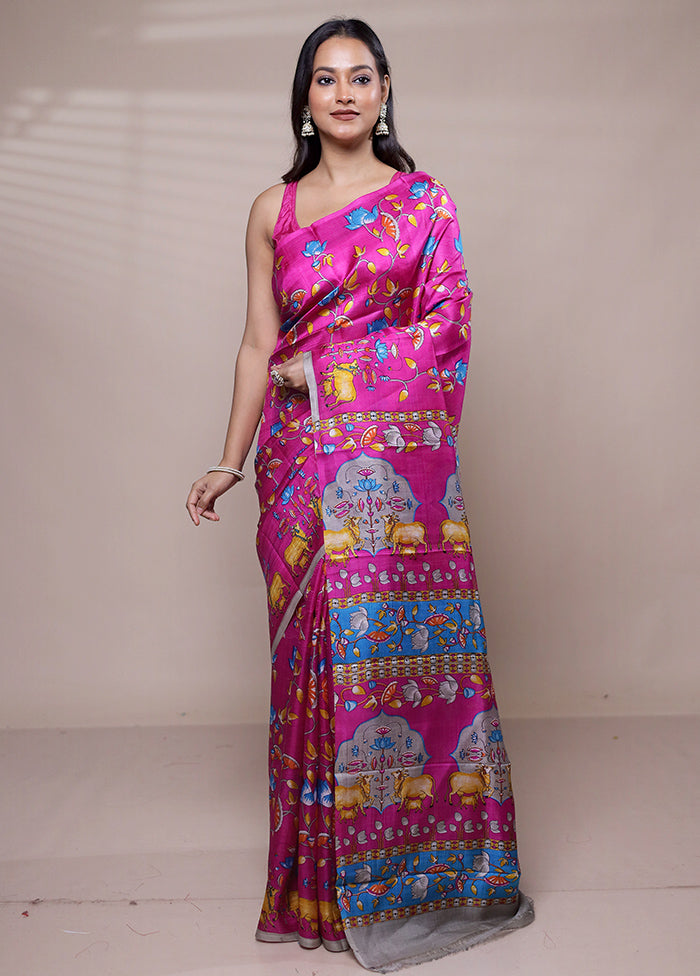 Pink Printed Pure Silk Saree Without Blouse Piece