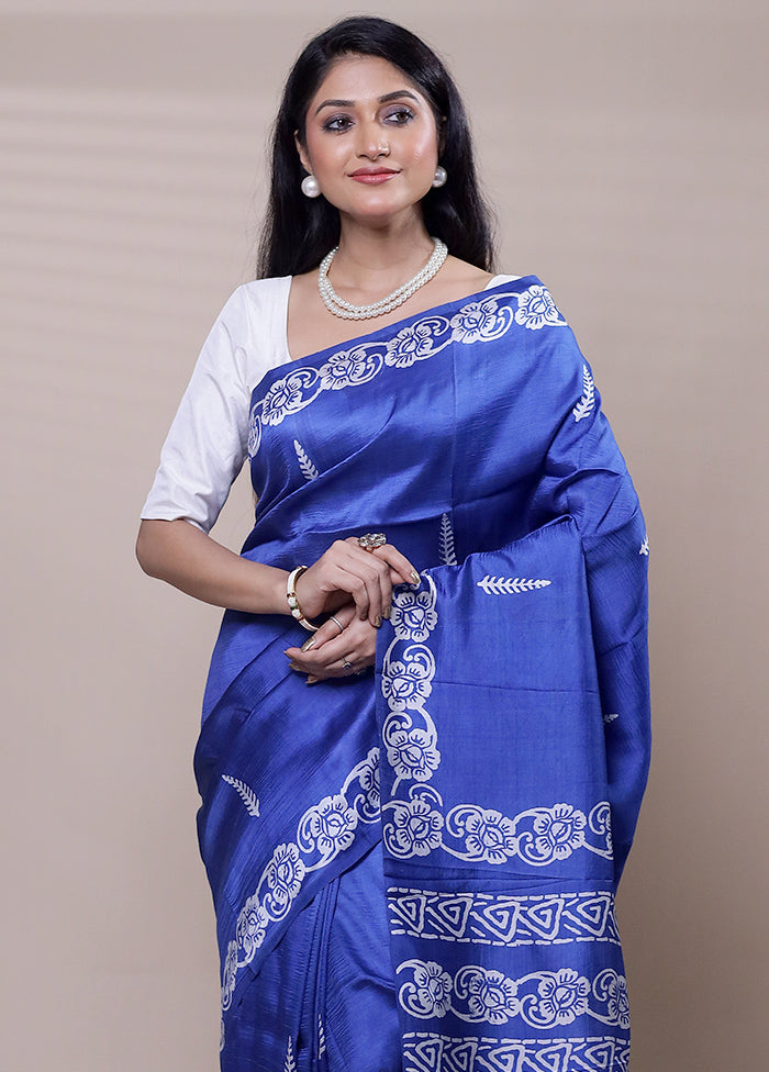 Blue Printed Pure Silk Saree Without Blouse Piece