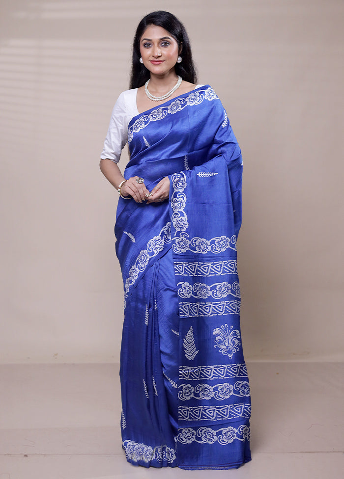 Blue Printed Pure Silk Saree Without Blouse Piece