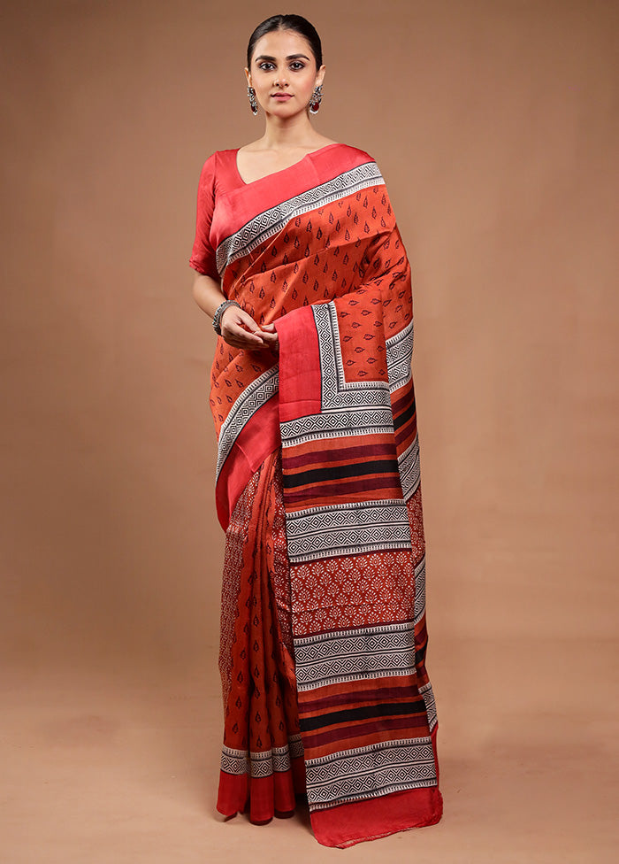 Rust Printed Pure Silk Saree Without Blouse Piece