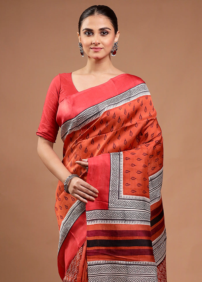 Rust Printed Pure Silk Saree Without Blouse Piece