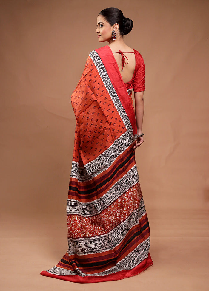 Rust Printed Pure Silk Saree Without Blouse Piece
