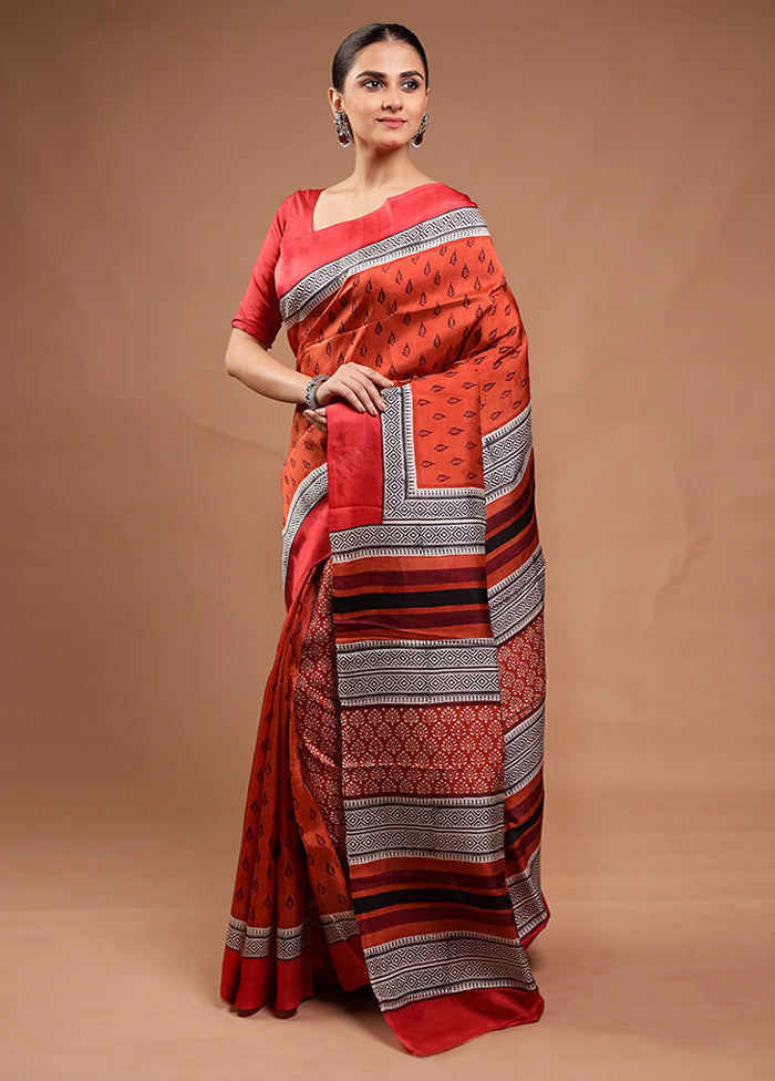 Rust Printed Pure Silk Saree Without Blouse Piece