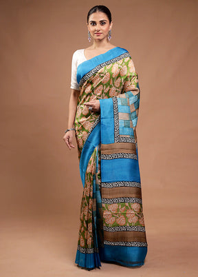 Green Printed Pure Silk Saree Without Blouse Piece