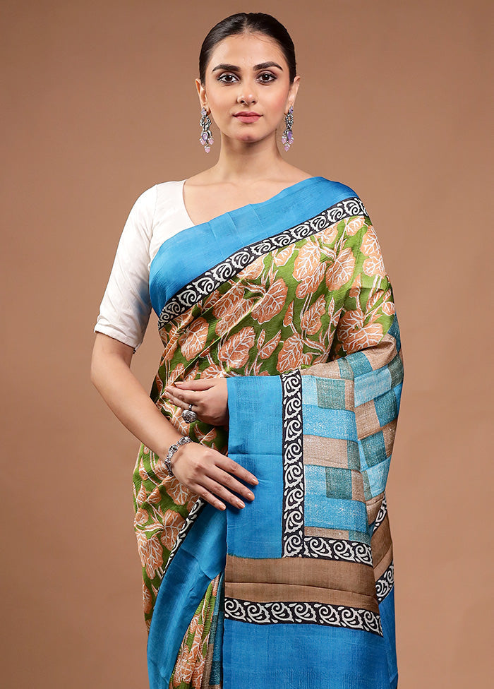 Green Printed Pure Silk Saree Without Blouse Piece