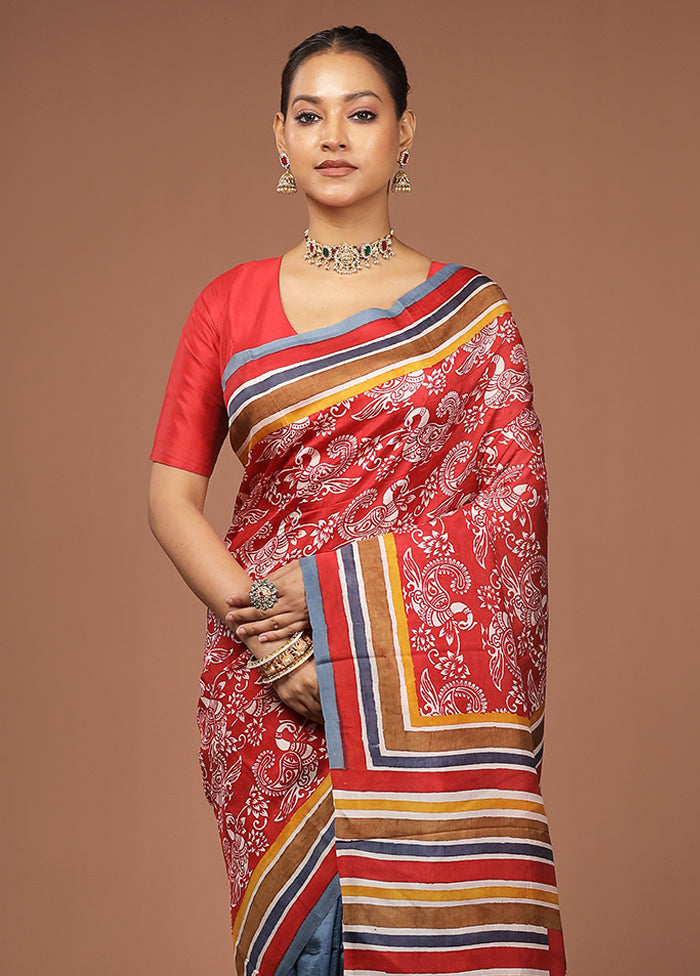 Red Printed Pure Silk Saree Without Blouse Piece