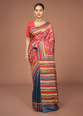 Red Printed Pure Silk Saree Without Blouse Piece