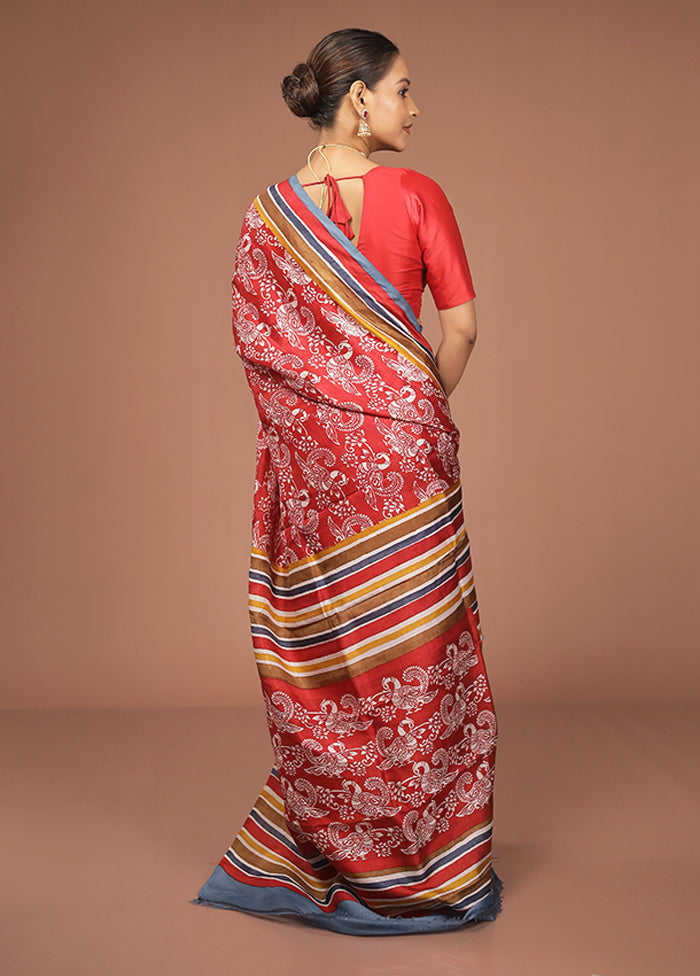 Red Printed Pure Silk Saree Without Blouse Piece