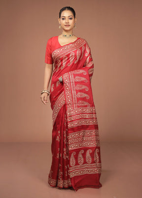Red Printed Pure Silk Saree Without Blouse Piece