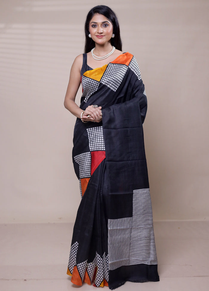 Black Printed Pure Silk Saree Without Blouse Piece