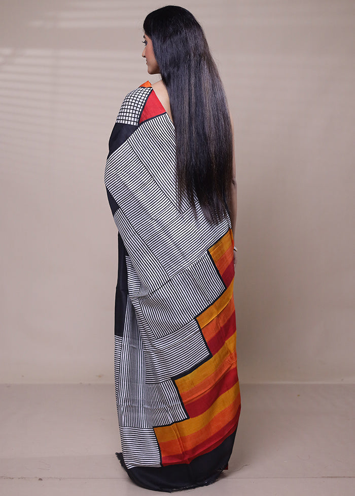 Black Printed Pure Silk Saree Without Blouse Piece