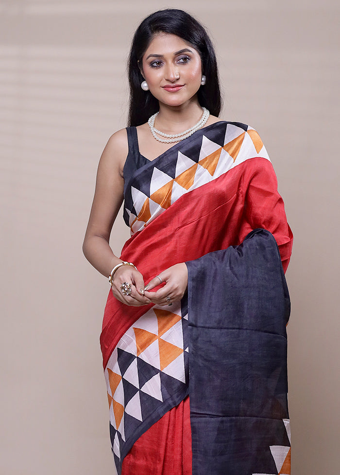 Red Printed Pure Silk Saree With Blouse Piece