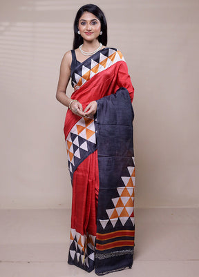Red Printed Pure Silk Saree With Blouse Piece