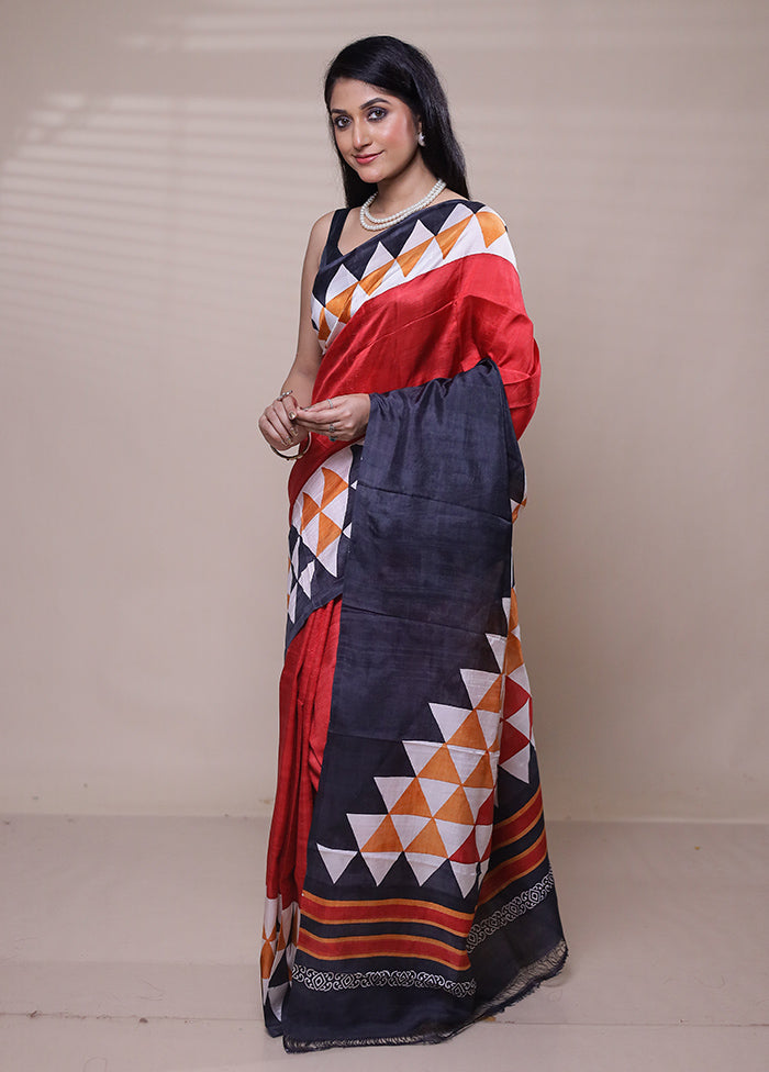 Red Printed Pure Silk Saree With Blouse Piece