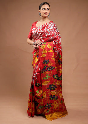 Red Printed Pure Silk Saree Without Blouse Piece