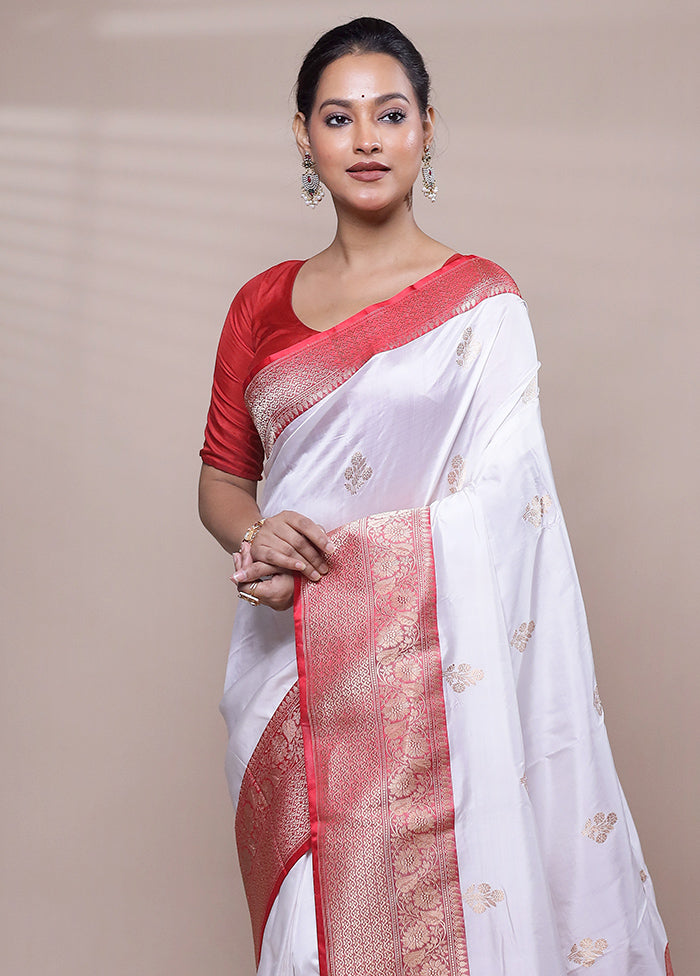 White Handloom Katan Pure Silk Saree With Blouse Piece