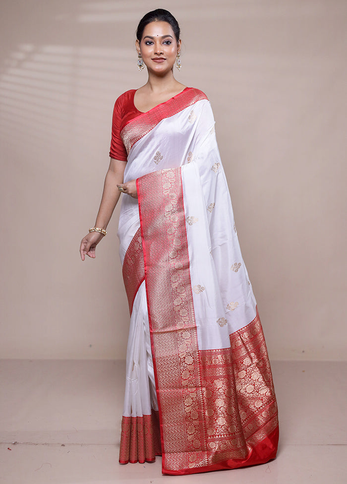 White Handloom Katan Pure Silk Saree With Blouse Piece