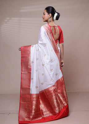 White Handloom Katan Pure Silk Saree With Blouse Piece