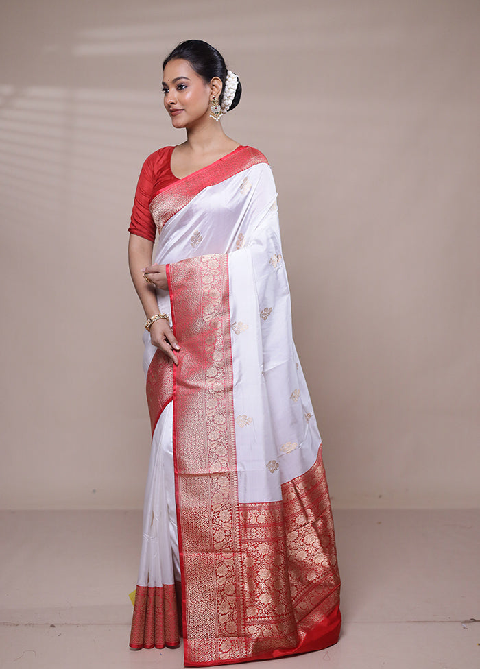 White Handloom Katan Pure Silk Saree With Blouse Piece