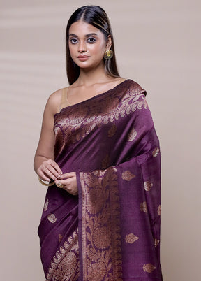 Purple Handloom Tussar Pure Silk Saree With Blouse Piece