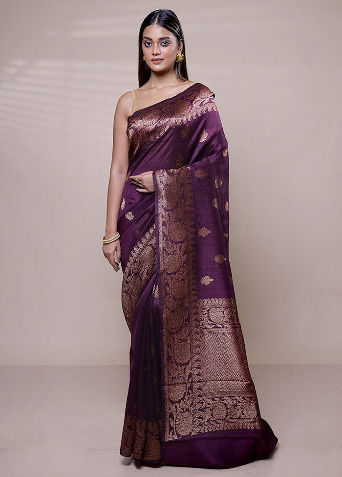 Purple Handloom Tussar Pure Silk Saree With Blouse Piece