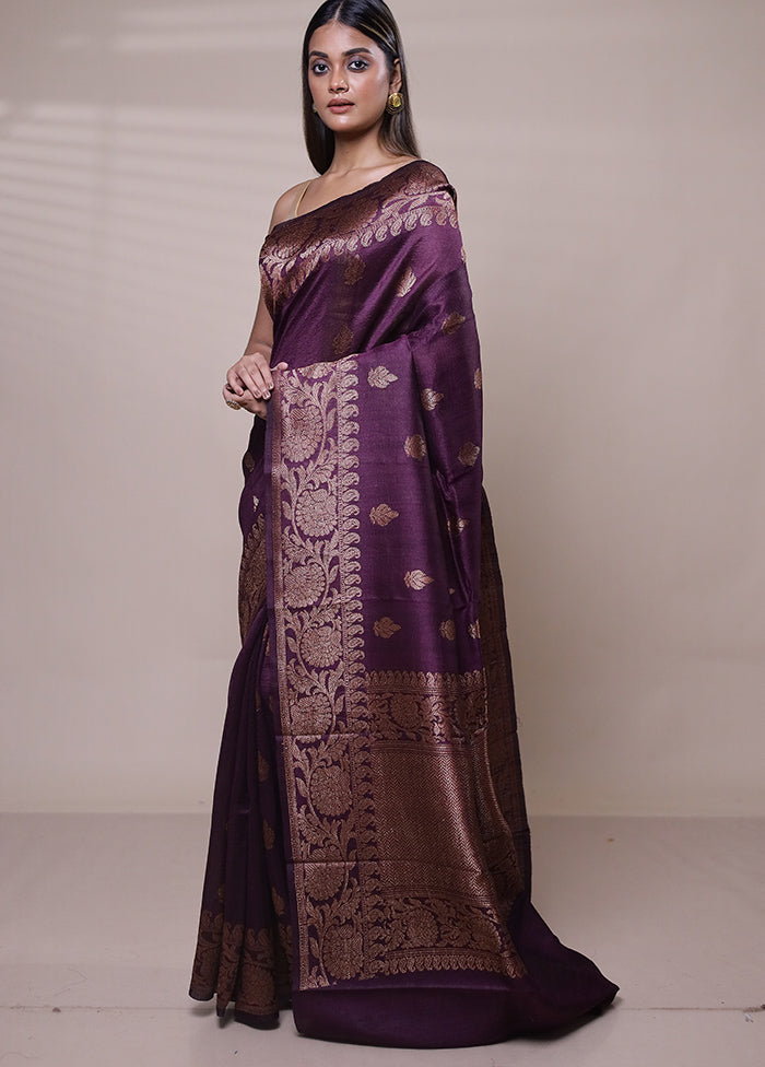 Purple Handloom Tussar Pure Silk Saree With Blouse Piece