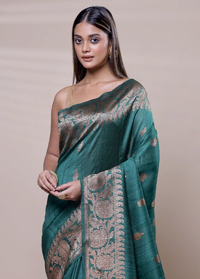 Green Handloom Tussar Pure Silk Saree With Blouse Piece