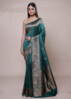 Green Handloom Tussar Pure Silk Saree With Blouse Piece