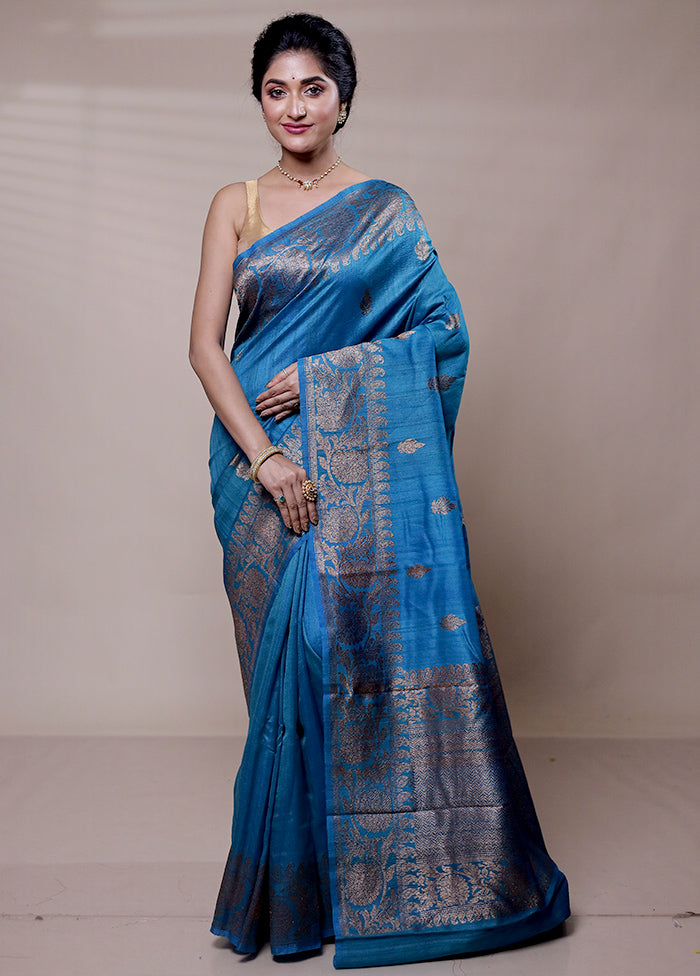 Blue Handloom Tussar Pure Silk Saree With Blouse Piece