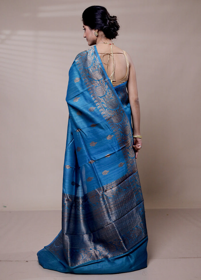 Blue Handloom Tussar Pure Silk Saree With Blouse Piece