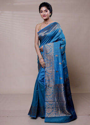 Blue Handloom Tussar Pure Silk Saree With Blouse Piece