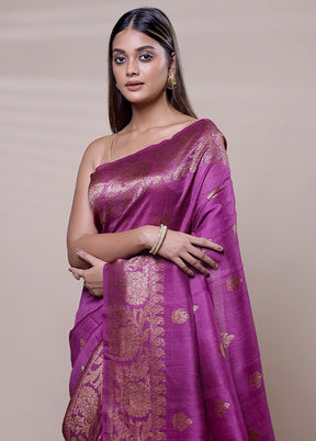 Purple Handloom Tussar Pure Silk Saree With Blouse Piece