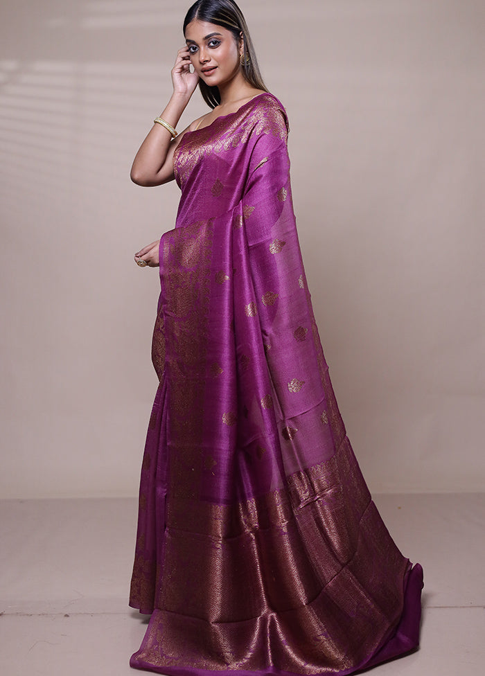 Purple Handloom Tussar Pure Silk Saree With Blouse Piece