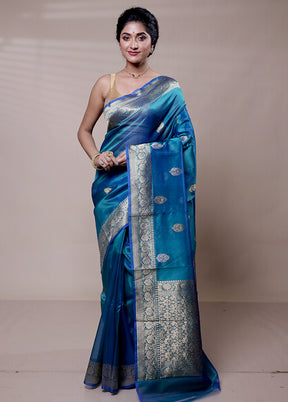 Blue Handloom Pure Organza Saree With Blouse Piece