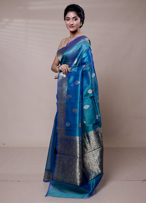 Blue Handloom Pure Organza Saree With Blouse Piece