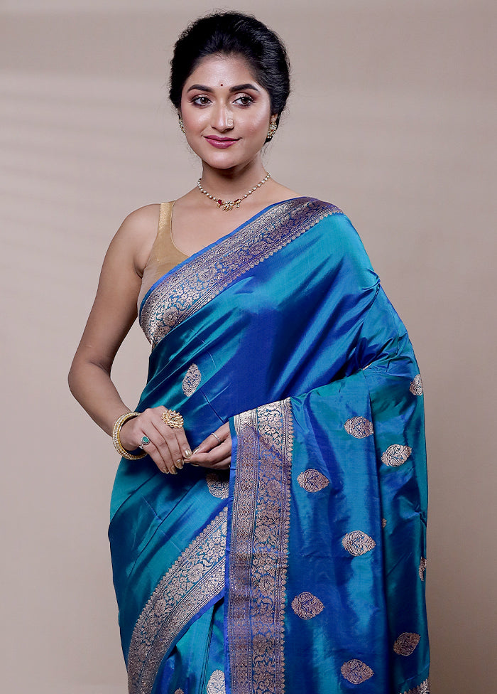 Blue Handloom Katan Pure Silk Saree With Blouse Piece