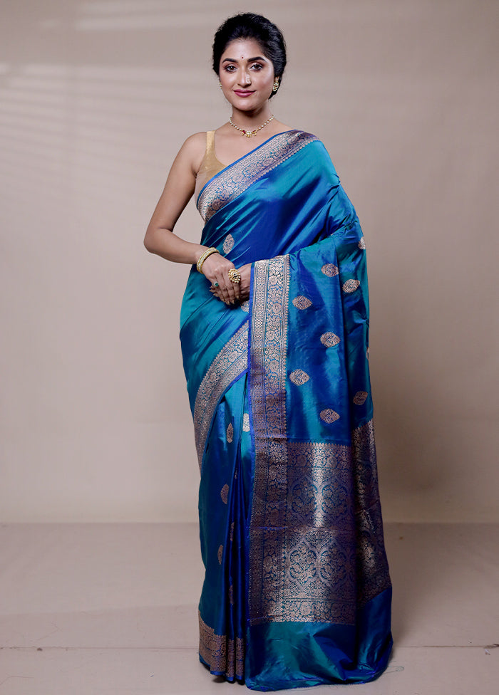 Blue Handloom Katan Pure Silk Saree With Blouse Piece