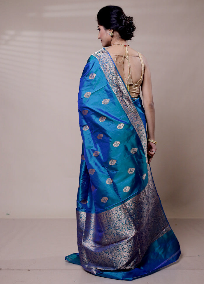 Blue Handloom Katan Pure Silk Saree With Blouse Piece