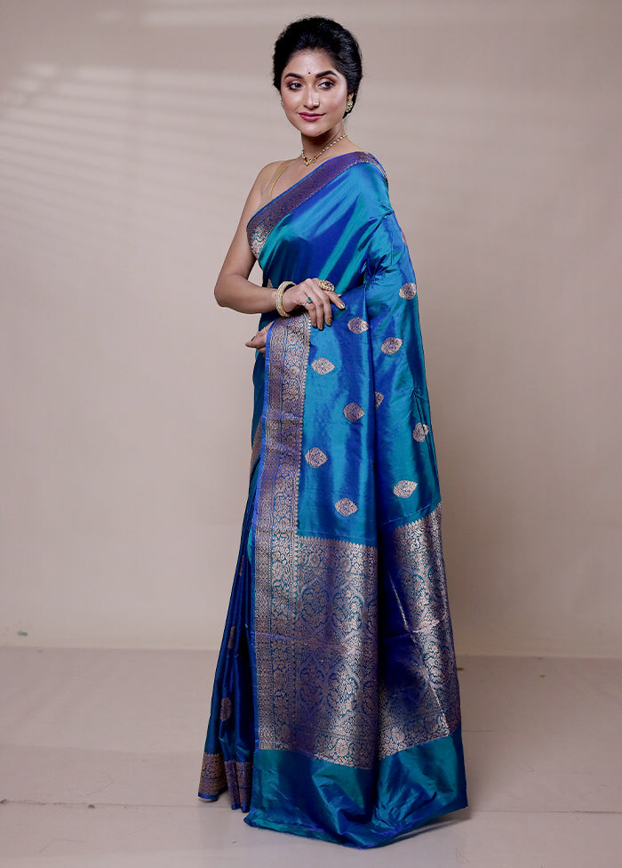 Blue Handloom Katan Pure Silk Saree With Blouse Piece