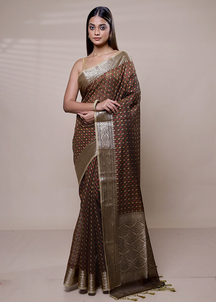 Brown Kora Silk Saree With Blouse Piece