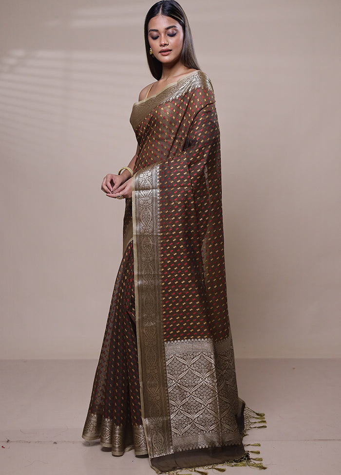 Brown Kora Silk Saree With Blouse Piece