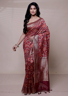 Maroon Kora Silk Saree With Blouse Piece