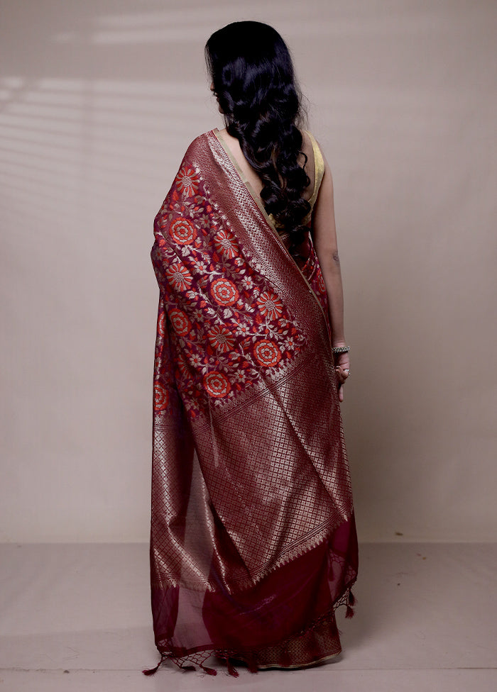 Maroon Kora Silk Saree With Blouse Piece