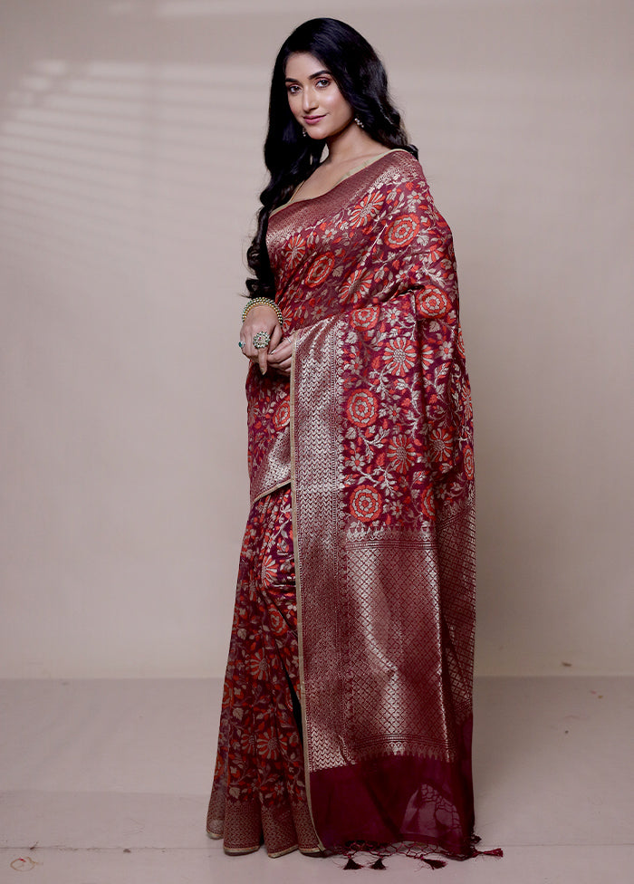 Maroon Kora Silk Saree With Blouse Piece